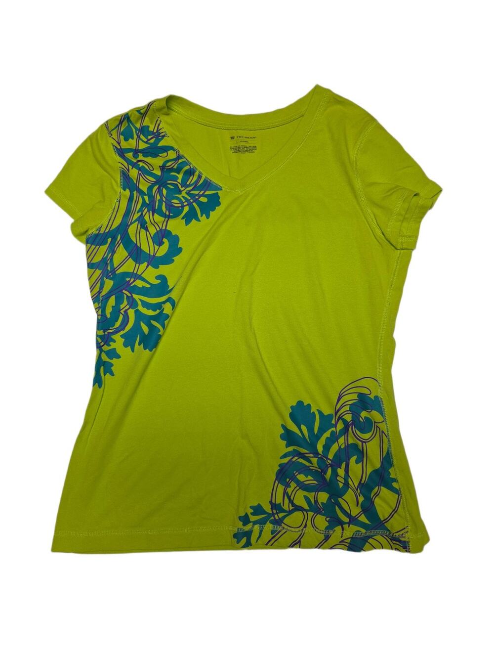 Tek Gear Women Lime Green Blue Floral Athletic Short Sleeve V-Neck T-Shirt Si...